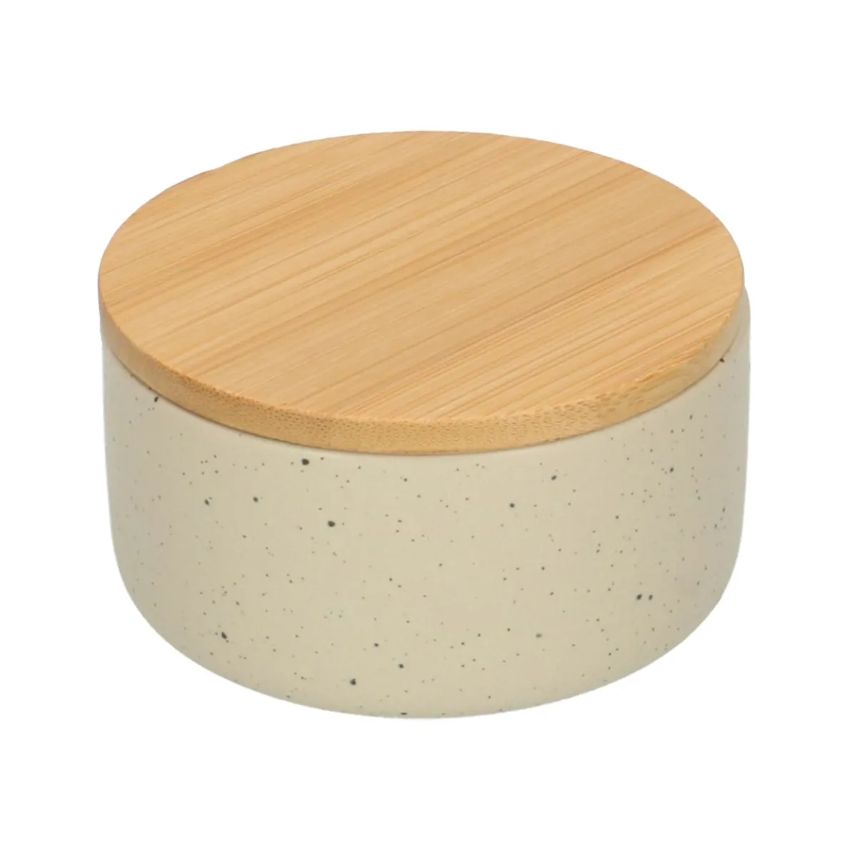 Bakje + deksel, beige spikkel, keramiek en bamboe