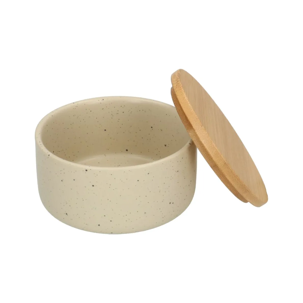 Bakje + deksel, beige spikkel, keramiek en bamboe