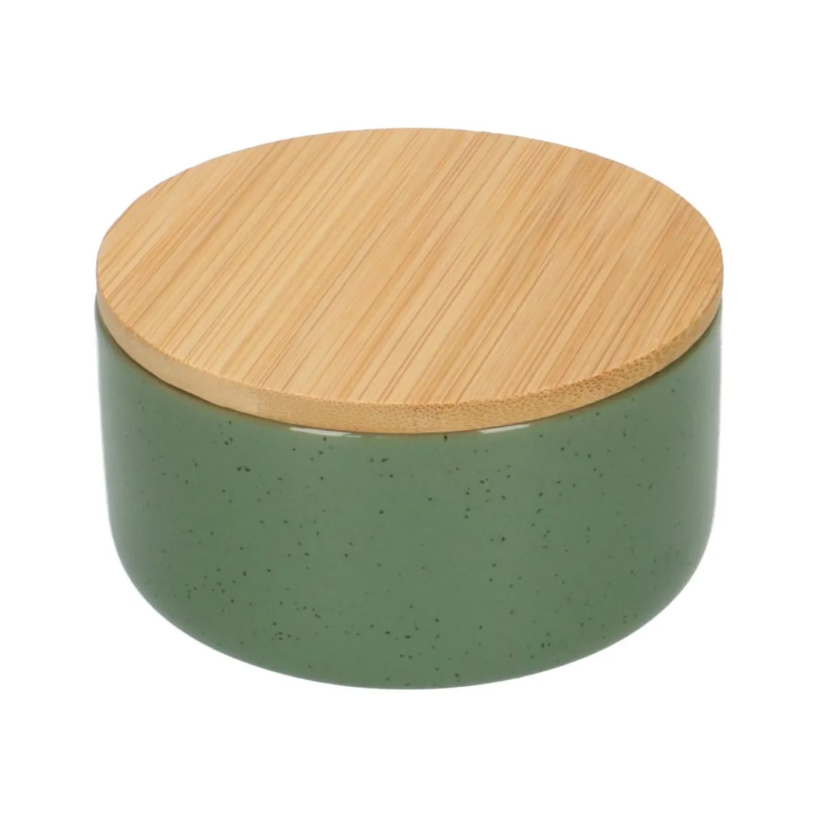 Bakje + deksel, groengrijs, keramiek en bamboe