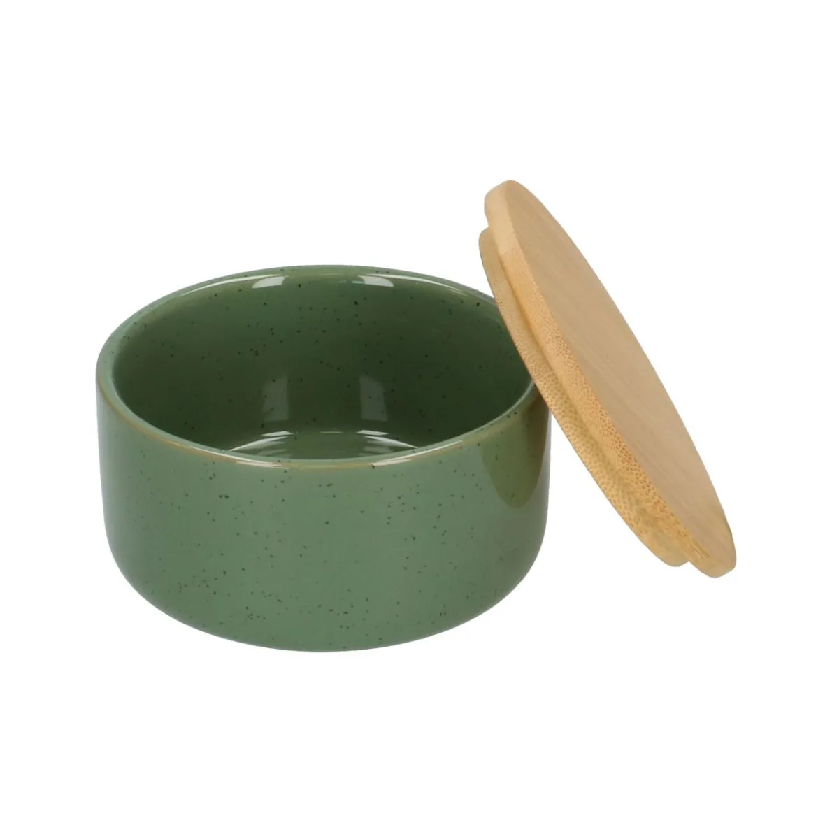 Bakje + deksel, groengrijs, keramiek en bamboe