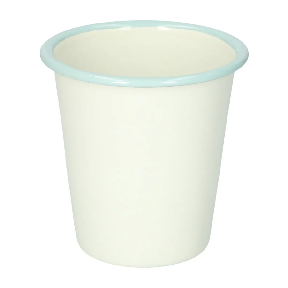 Beker, emaille, wit met blauwe rand