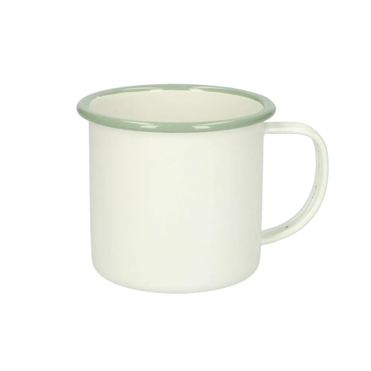 Beker met oor, emaille, groengrijs/wit, Ø 9 cm