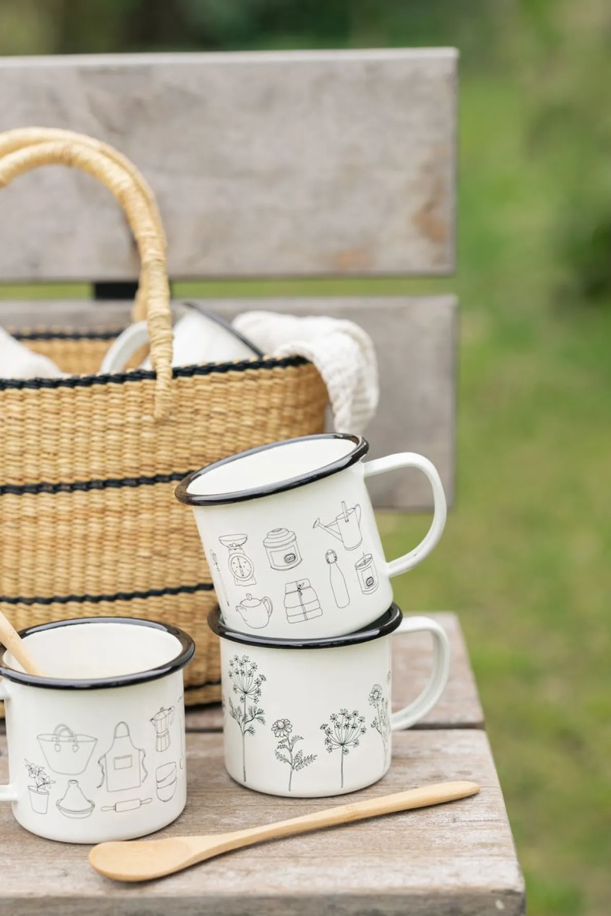 Beker met oor, emaille, Dille & Kamille iconen, 300 ml