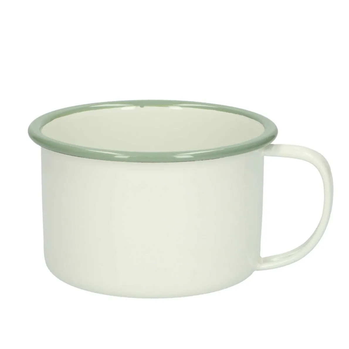 Beker met oor, emaille, groengrijs/wit, Ø 11 cm