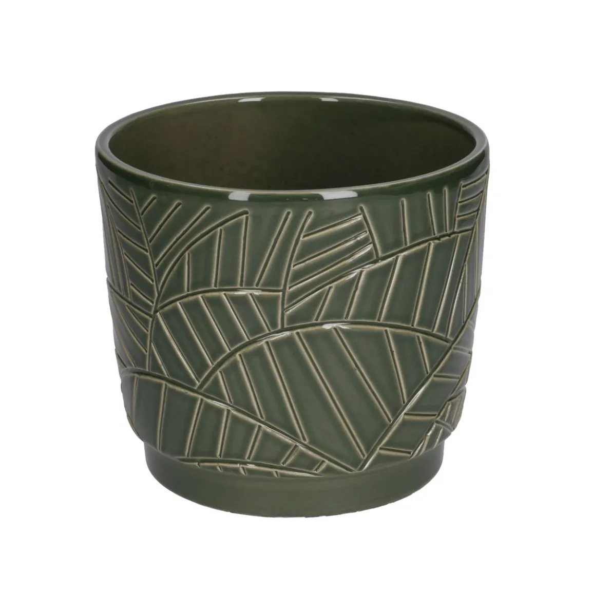 Bloempot, aardewerk, donkergroen met palmmotief, Ø 14 cm