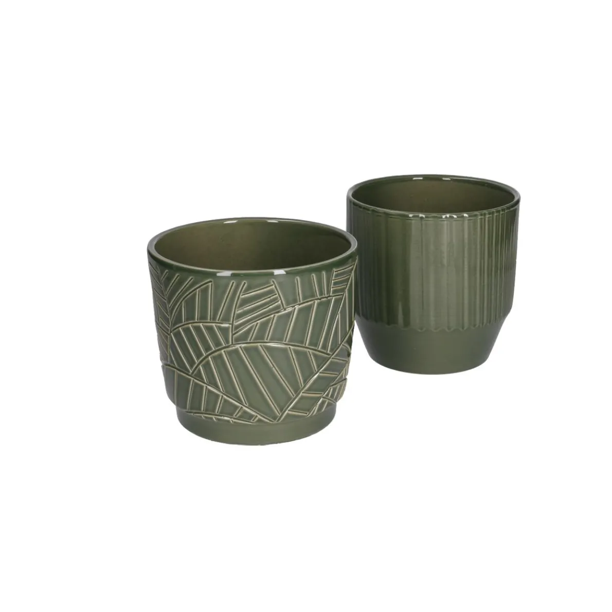 Bloempot, aardewerk, donkergroen met palmmotief, Ø 14 cm