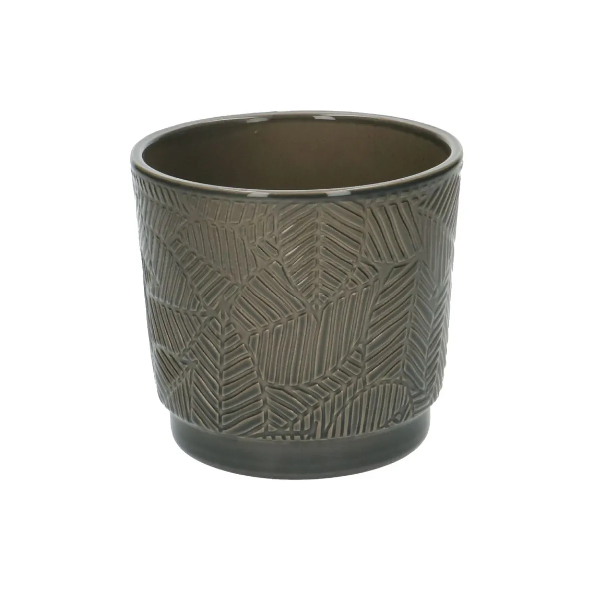 Bloempot, aardewerk, grijsgroen met palmbladmotief, Ø 14 cm