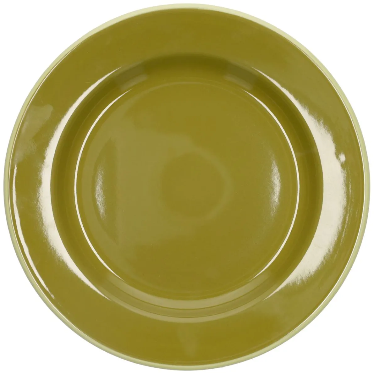 Bord, emaille, olijfgroen met lichtgroen randje, Ø26 CM
