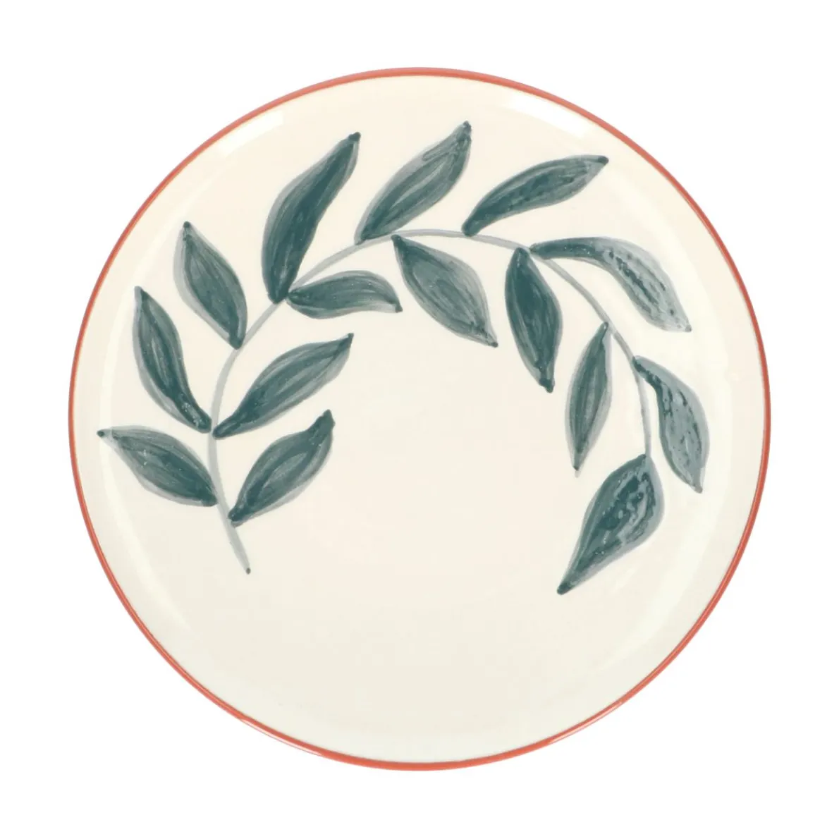 Bord, terracotta, blauw blad, 21 cm