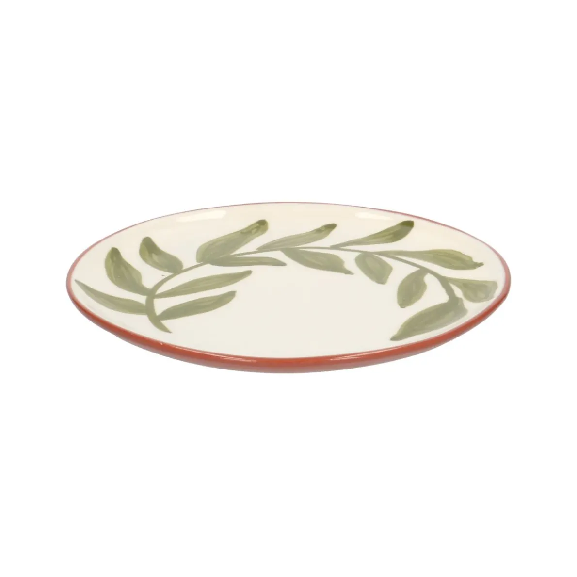 Bord, terracotta, groen blad, 17 cm