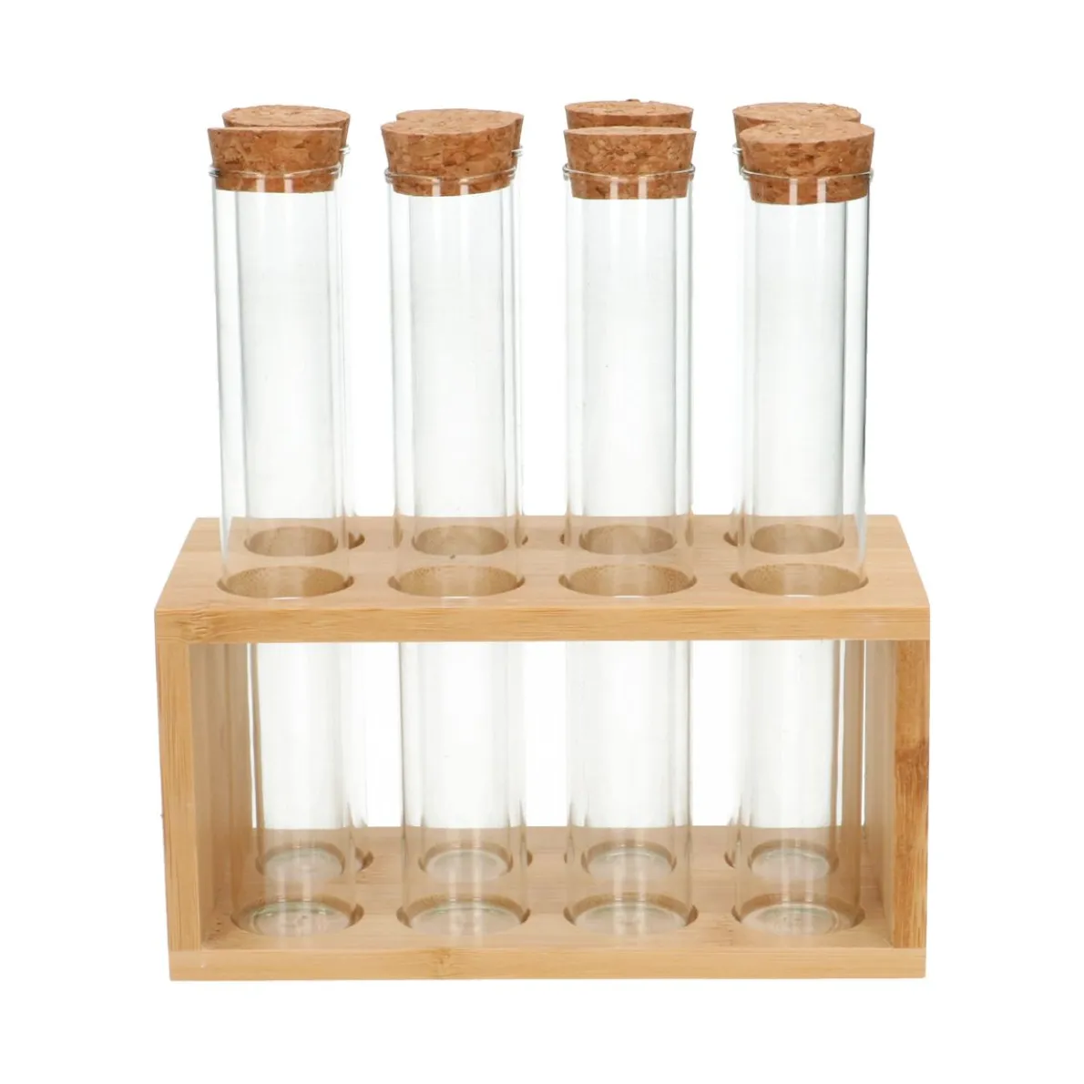 Buisjes in standaard, bamboe, hittebestendig glas en kurk