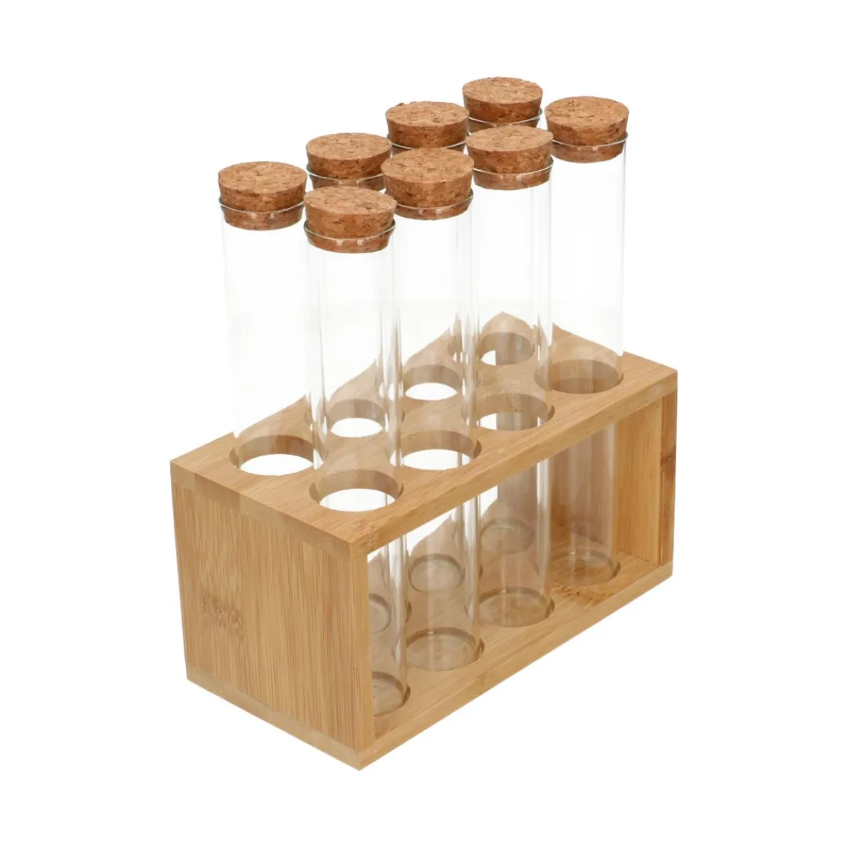 Buisjes in standaard, bamboe, hittebestendig glas en kurk