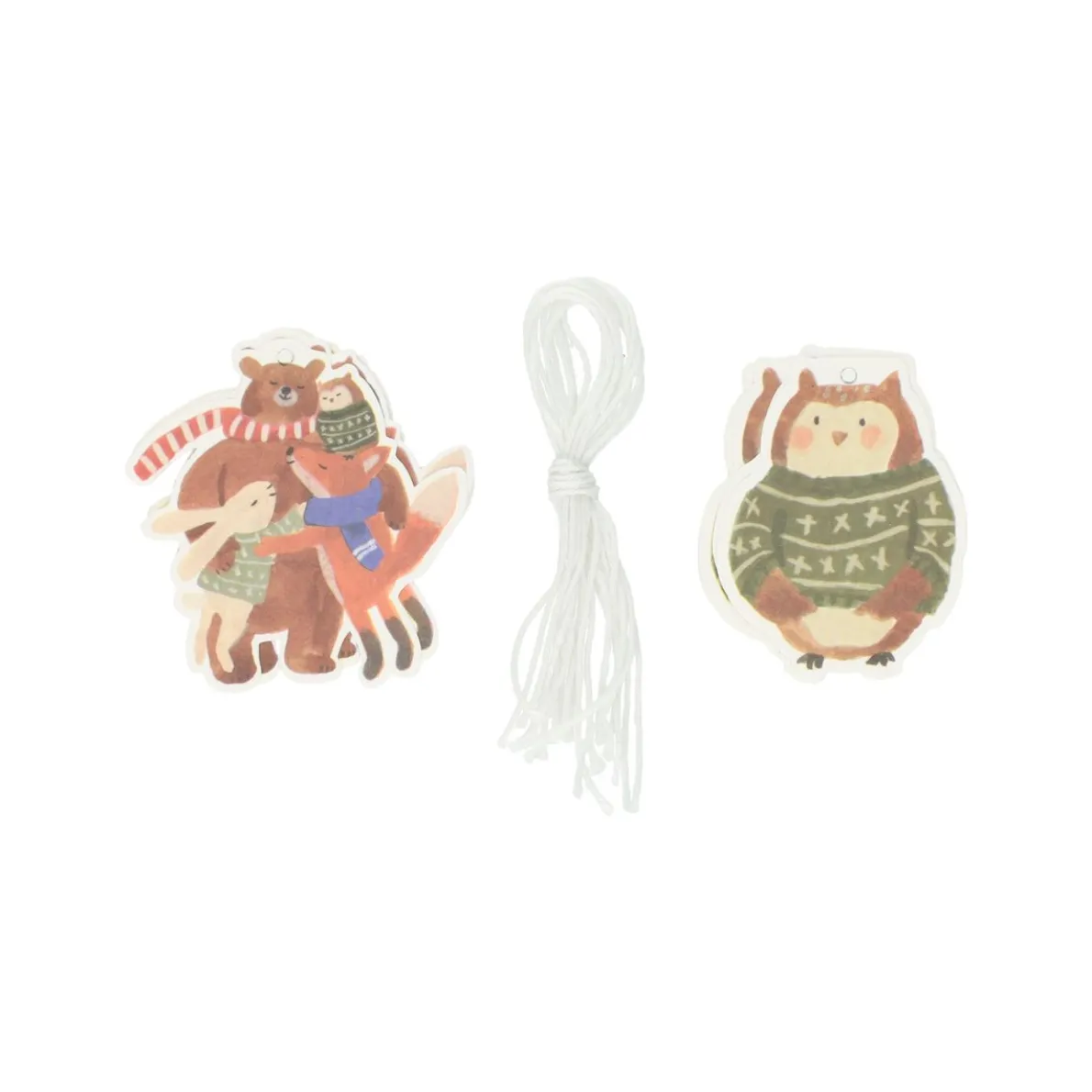 Cadeaulabels, papier, silhouet groepsknuffel en uil, 10 stuks