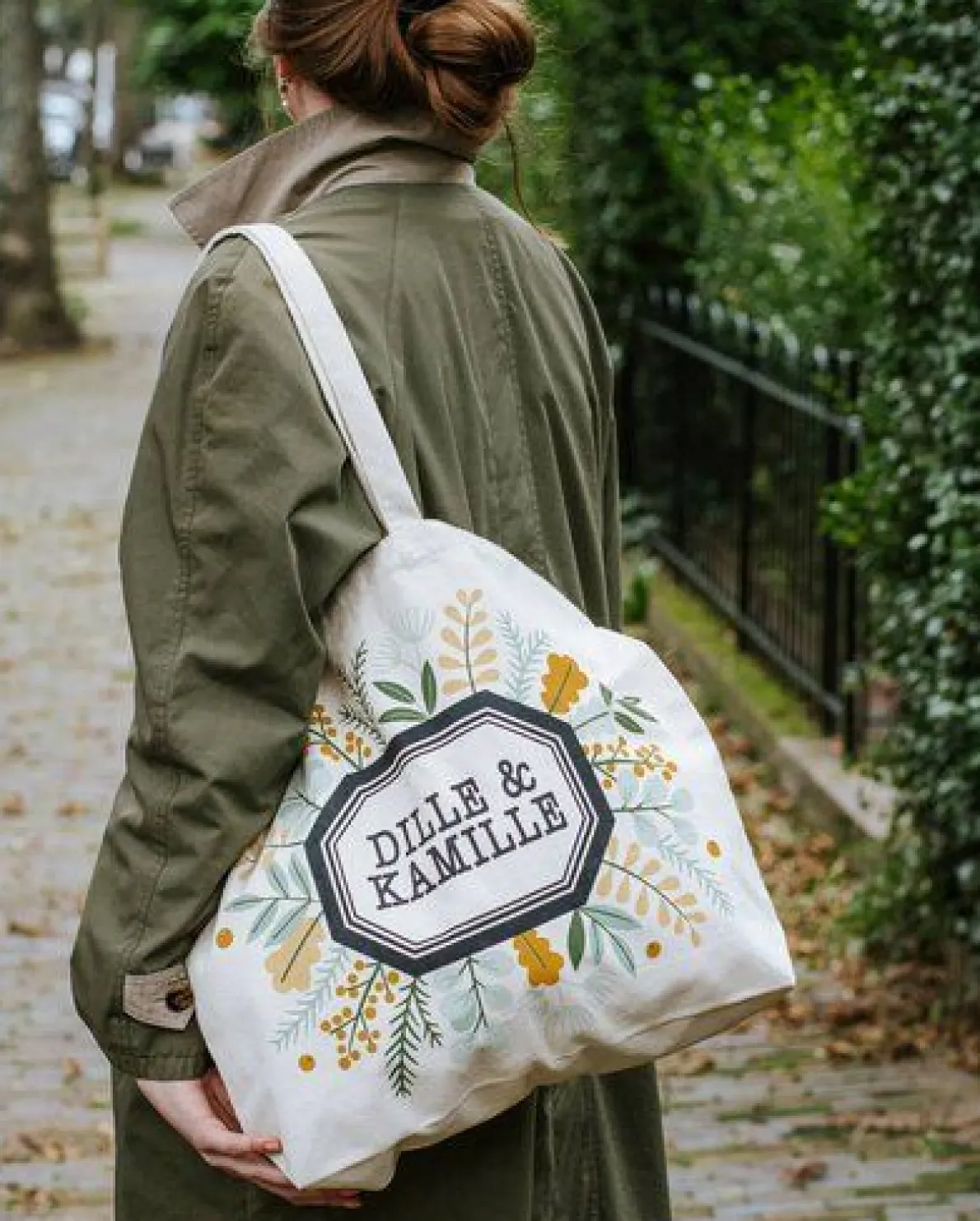 Canvas tas, Dille & Kamille, bio-katoen, takjes en blaadjes, groot, 40 x 50 x 10 cm