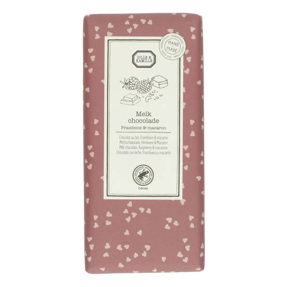 Chocoladetablet, melk, framboos & macaron, 130 g