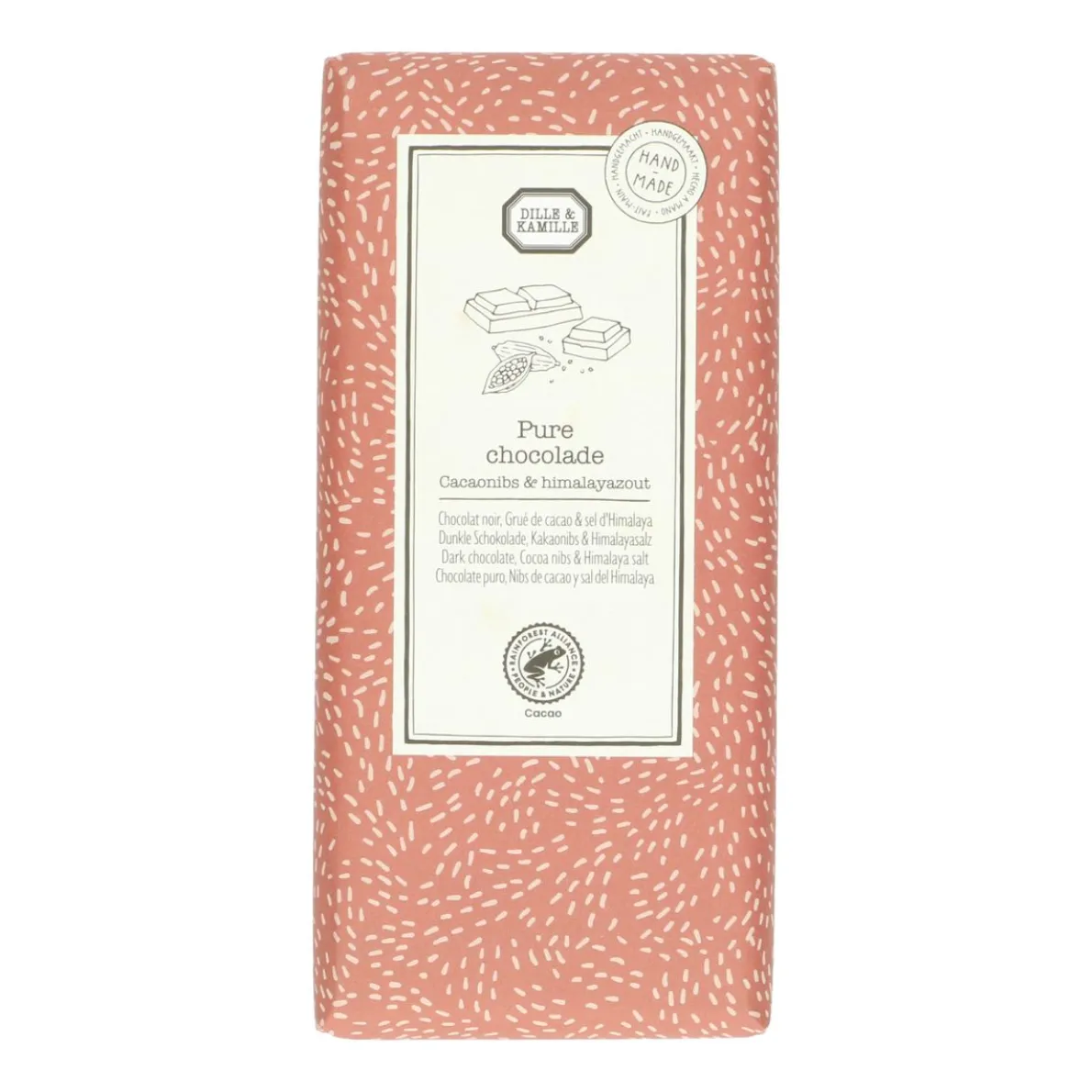 Chocoladetablet, puur, cacaonibs & himalayazout, 130 g