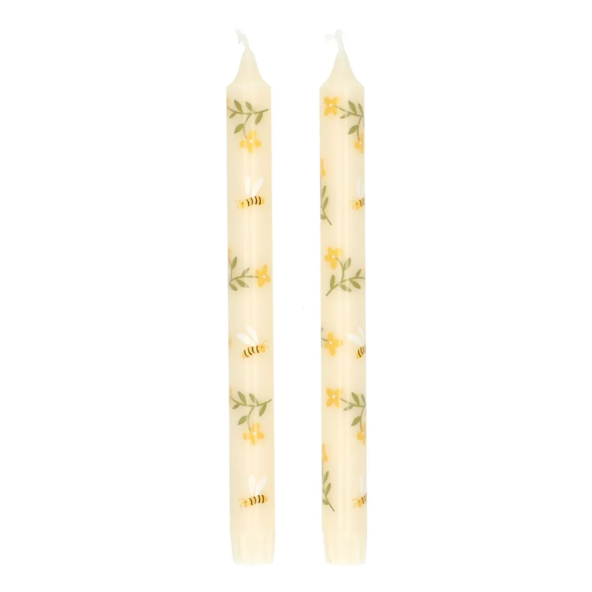 Dinerkaarsen, wit met bijen, 25 cm, 2 stuks