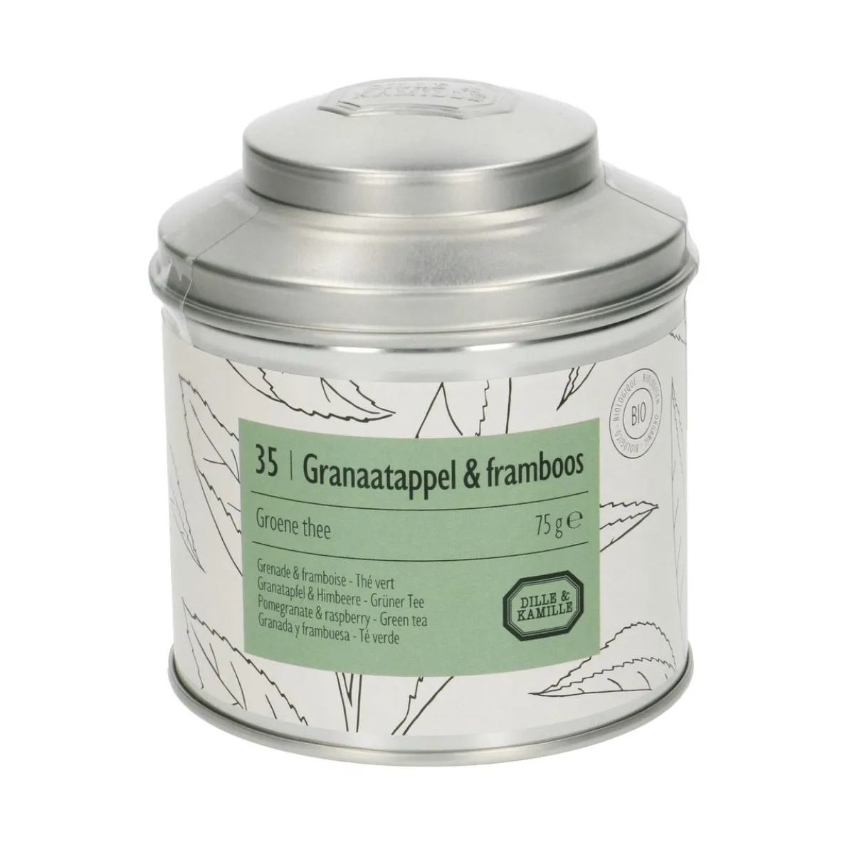Granaatappel & framboos, biologisch, groene thee, blik, 75 gram