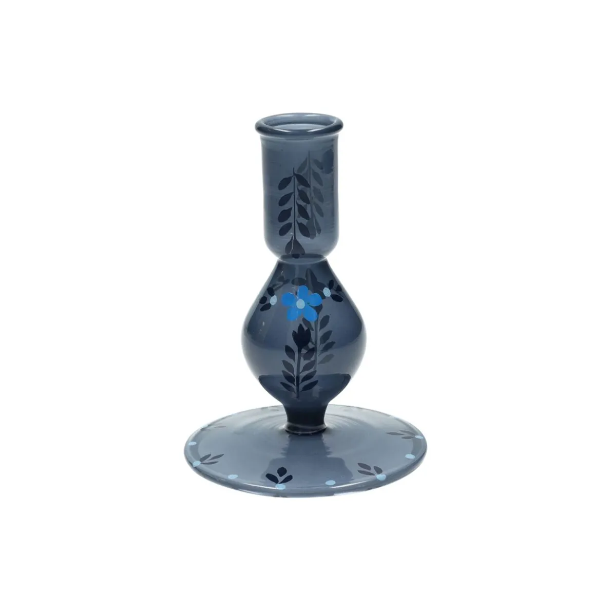 Kandelaar, beschilderd, blauw glas, bloem, 12,5 cm