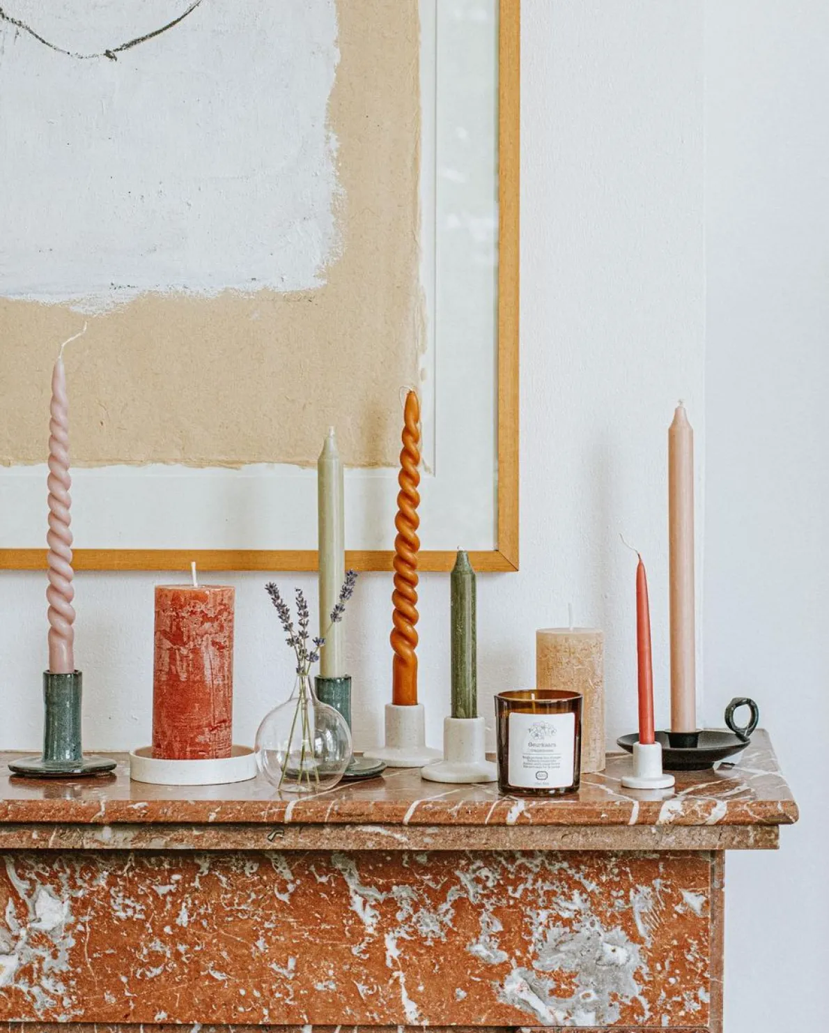 Kandelaar, porselein, wit gespikkeld, hoog