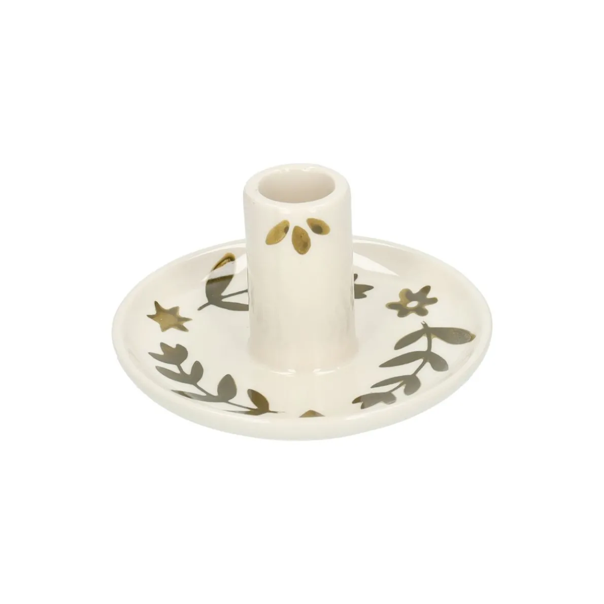 Kandelaar, steengoed, handbeschilderde takjes, groen, Ø11 x 6  cm