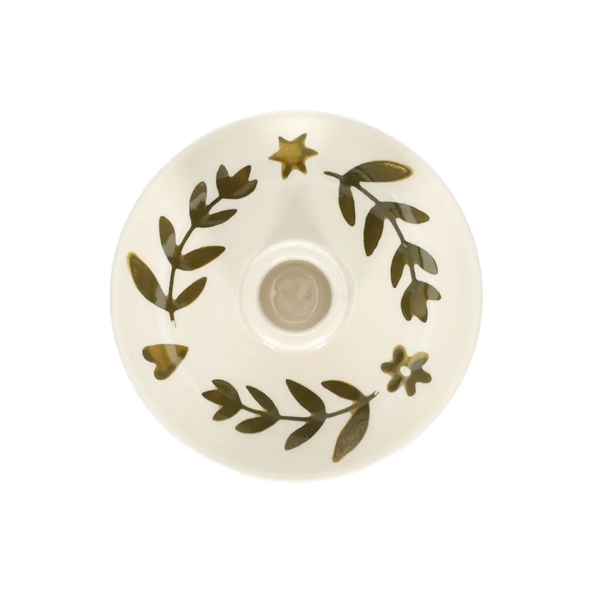 Kandelaar, steengoed, handbeschilderde takjes, groen, Ø11 x 6  cm