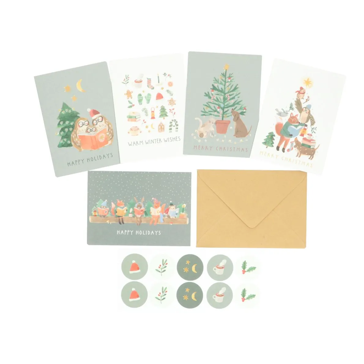 Kerstkaart + envelop, kerstdieren, set van 10 in doos