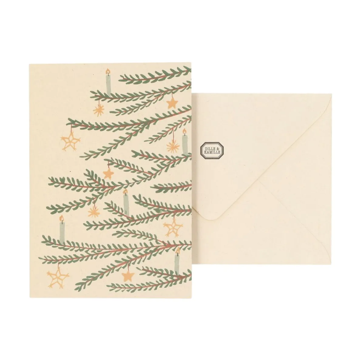 Kerstkaart met envelop, versierde kerstboom
