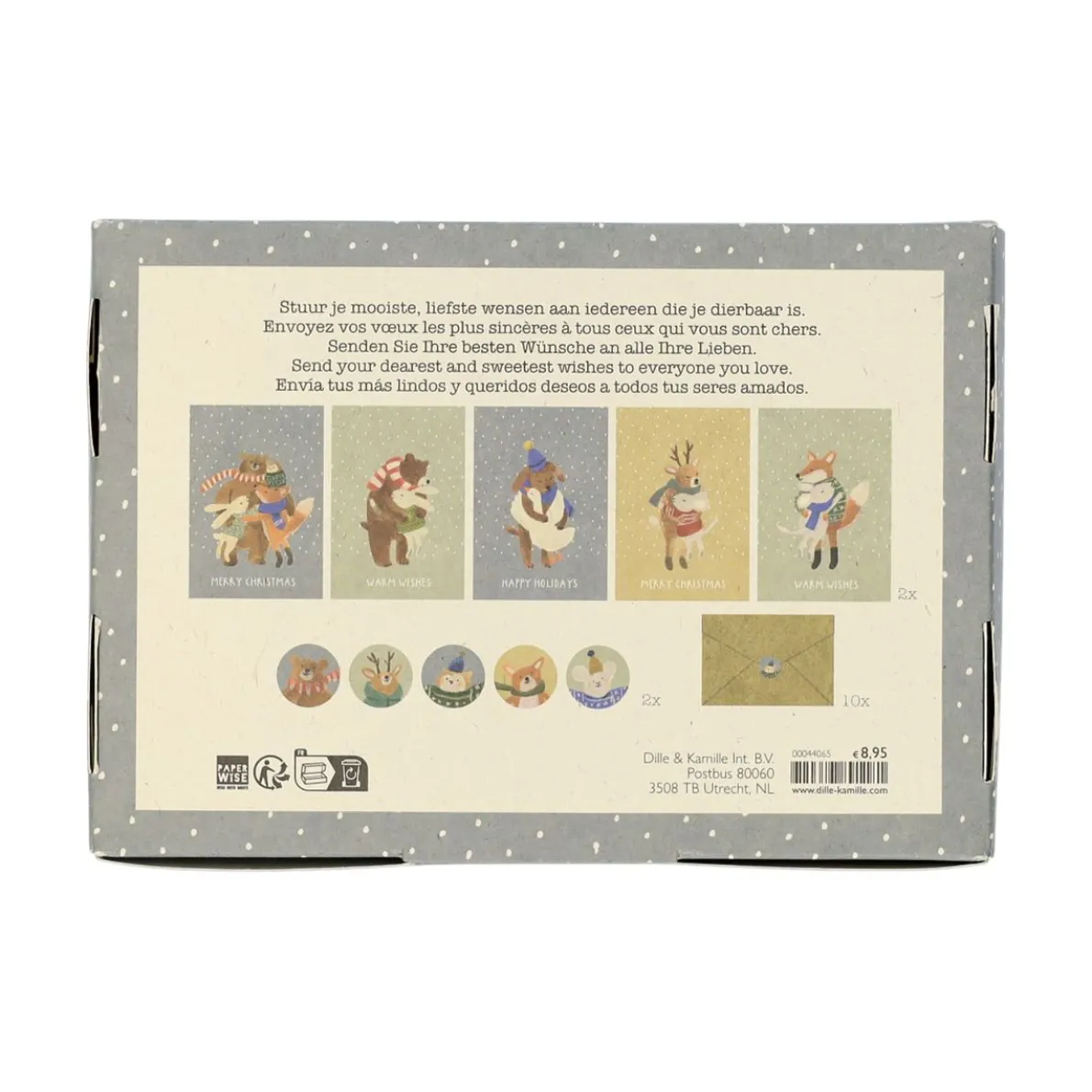 Kerstkaarten met envelop, knuffelde dieren, set van 10 in een doos