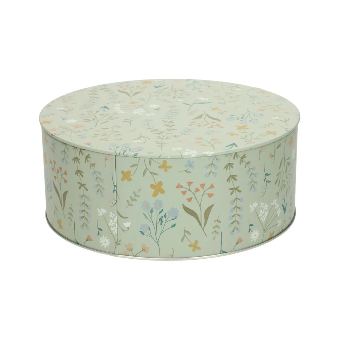 Koekblik, tin, luchtdicht, veldbloemen,  Ø 20 x 8 cm