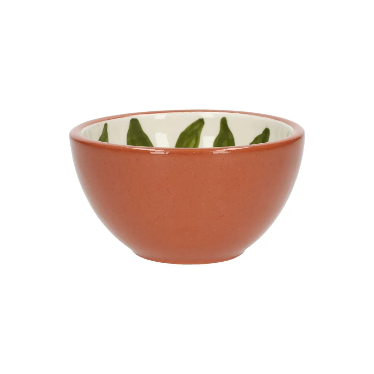 Kom, terracotta, groen blad, 9,5 X 5 cm