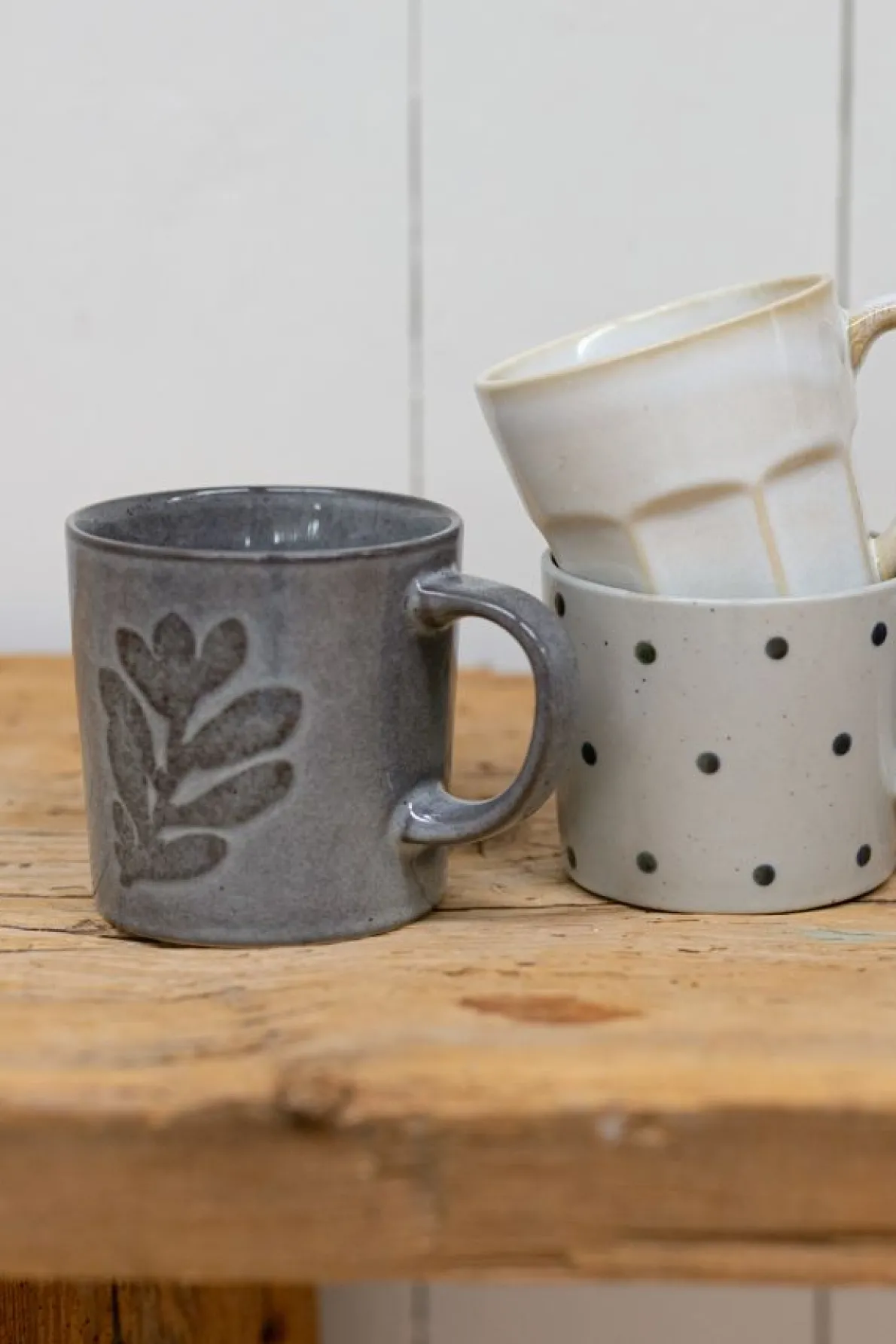 Mok, steengoed, reactive glazuur, blad, donkergrijs, Ø 10 cm