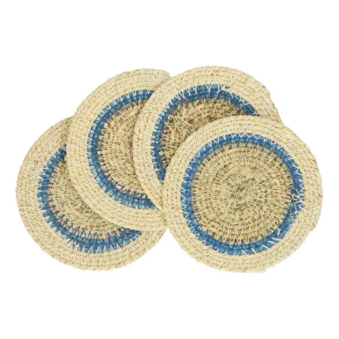 Onderzetter naturel, zeegras, blauwe rand, set van 4