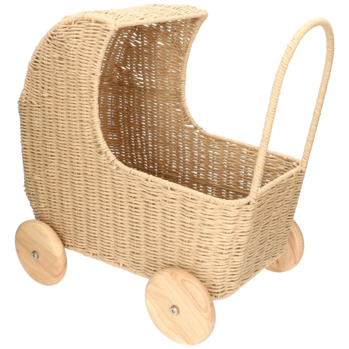 Poppenwagen, papercord, metaal, rubberhout