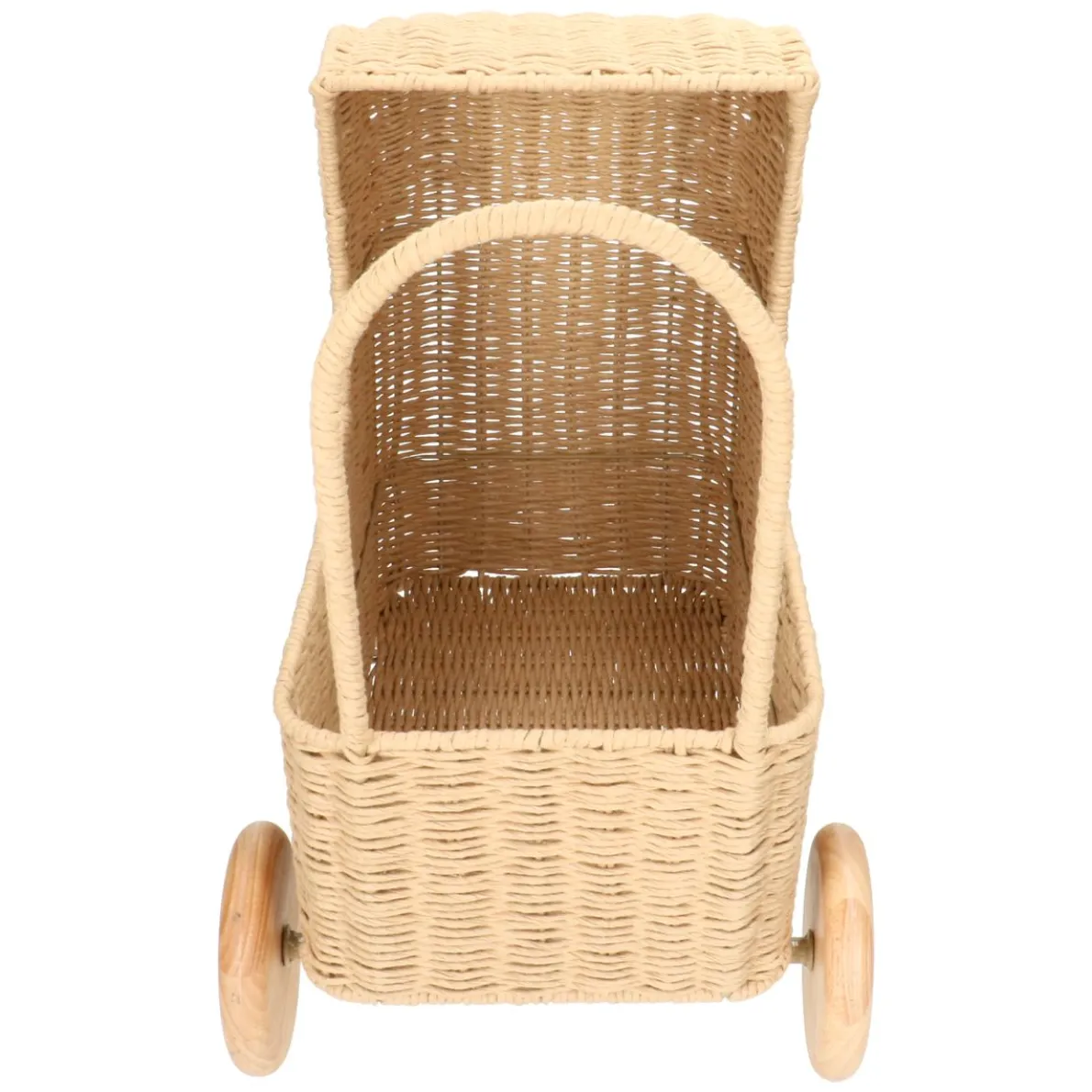 Poppenwagen, papercord, metaal, rubberhout