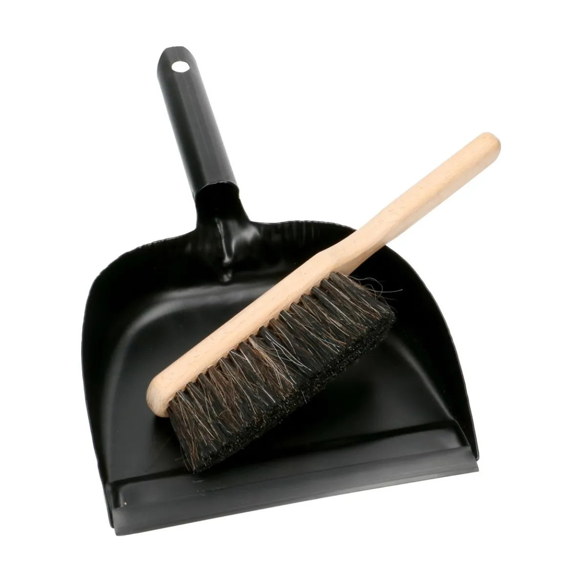 Stoffer en blik, set, metaal, beukenhout en plantaardige vezels