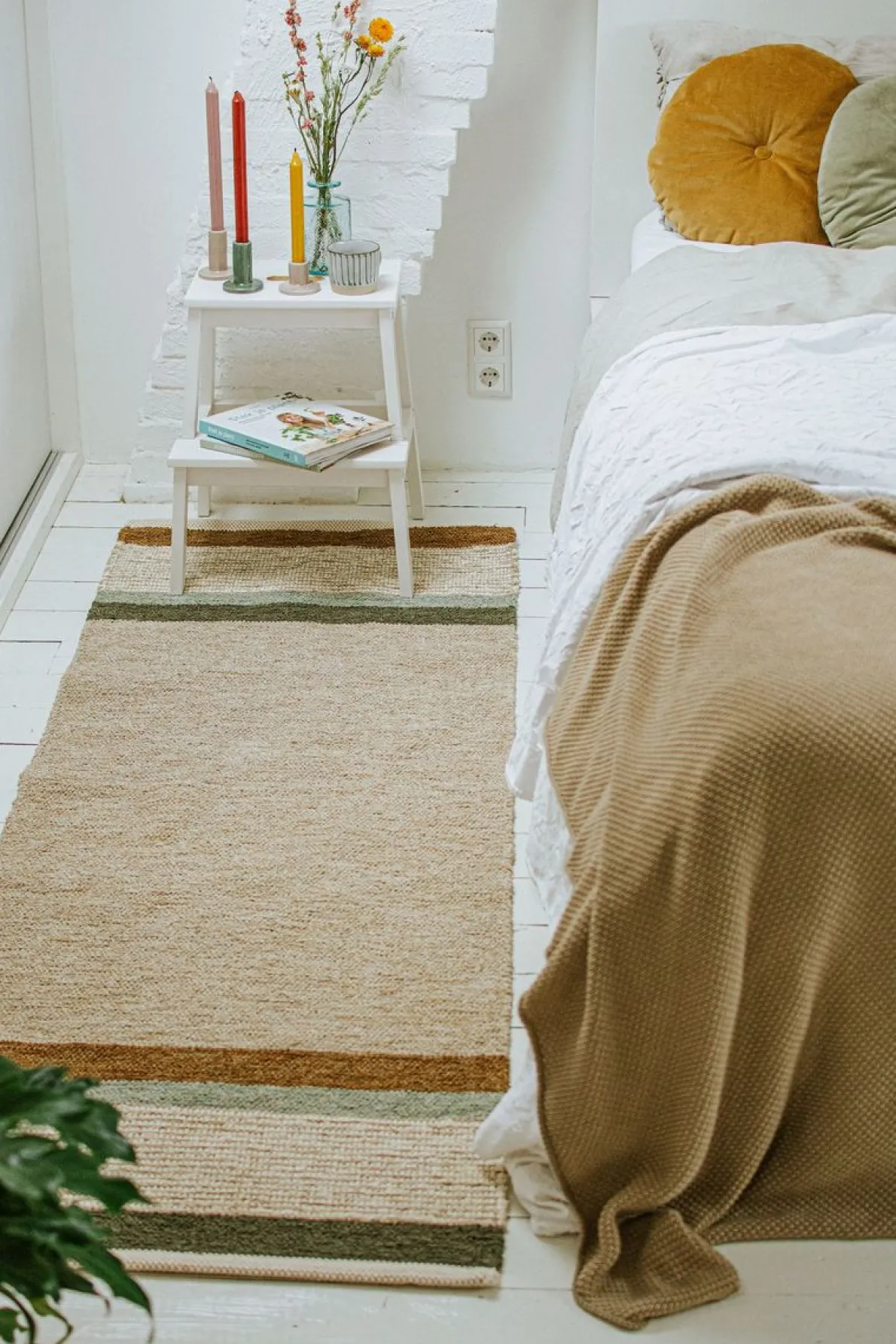 Tapijt, gerecycled katoen, beige streep multicolor, lang