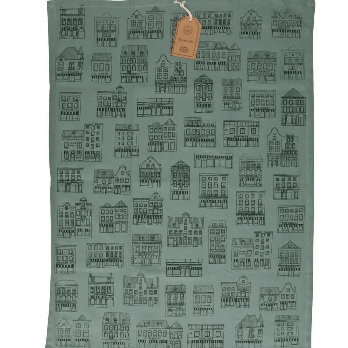 Theedoek, bio-katoen, groengrijs met zwarte geveltjes, 50 x 70 cm