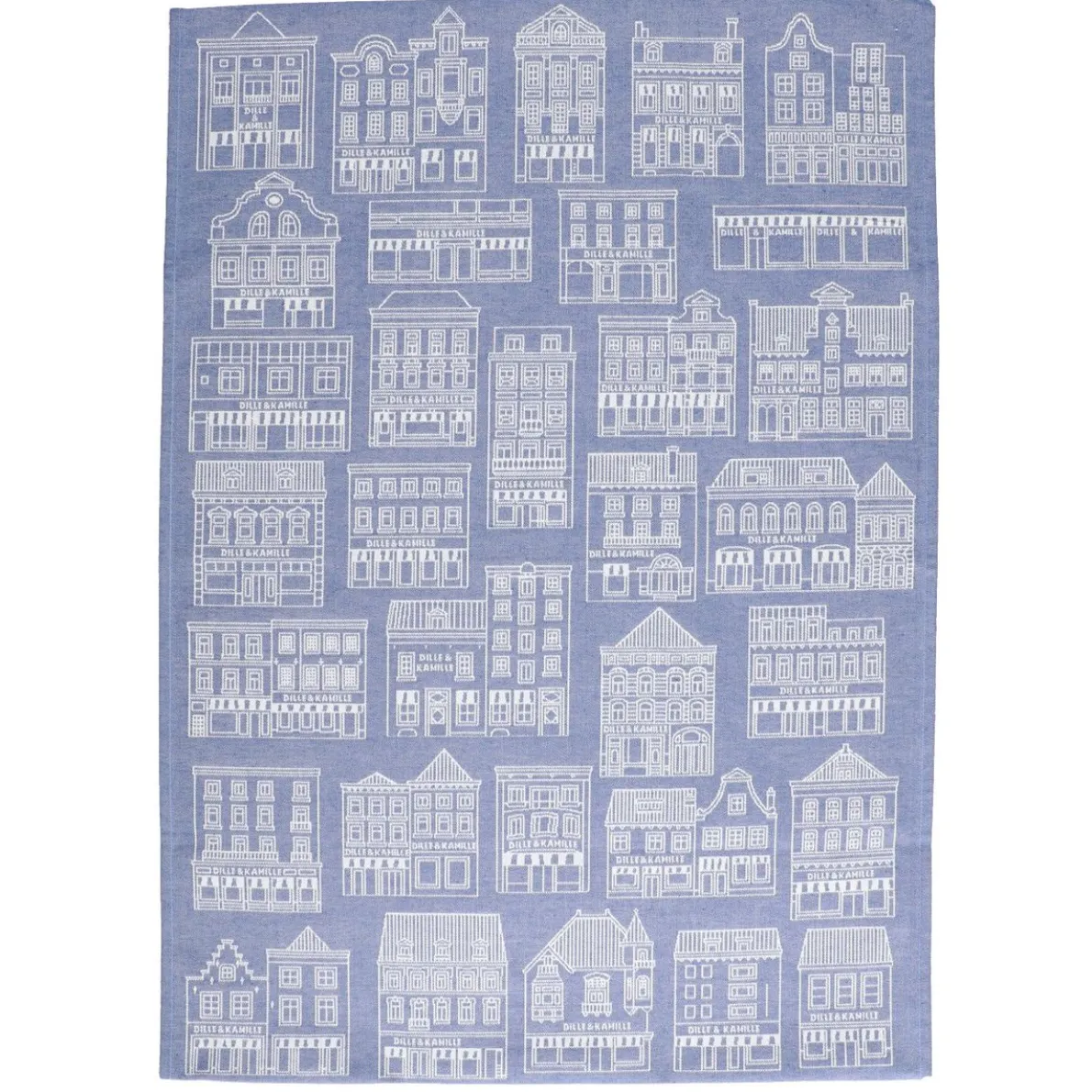 Theedoek, katoen, blauw/wit met gevelmotief