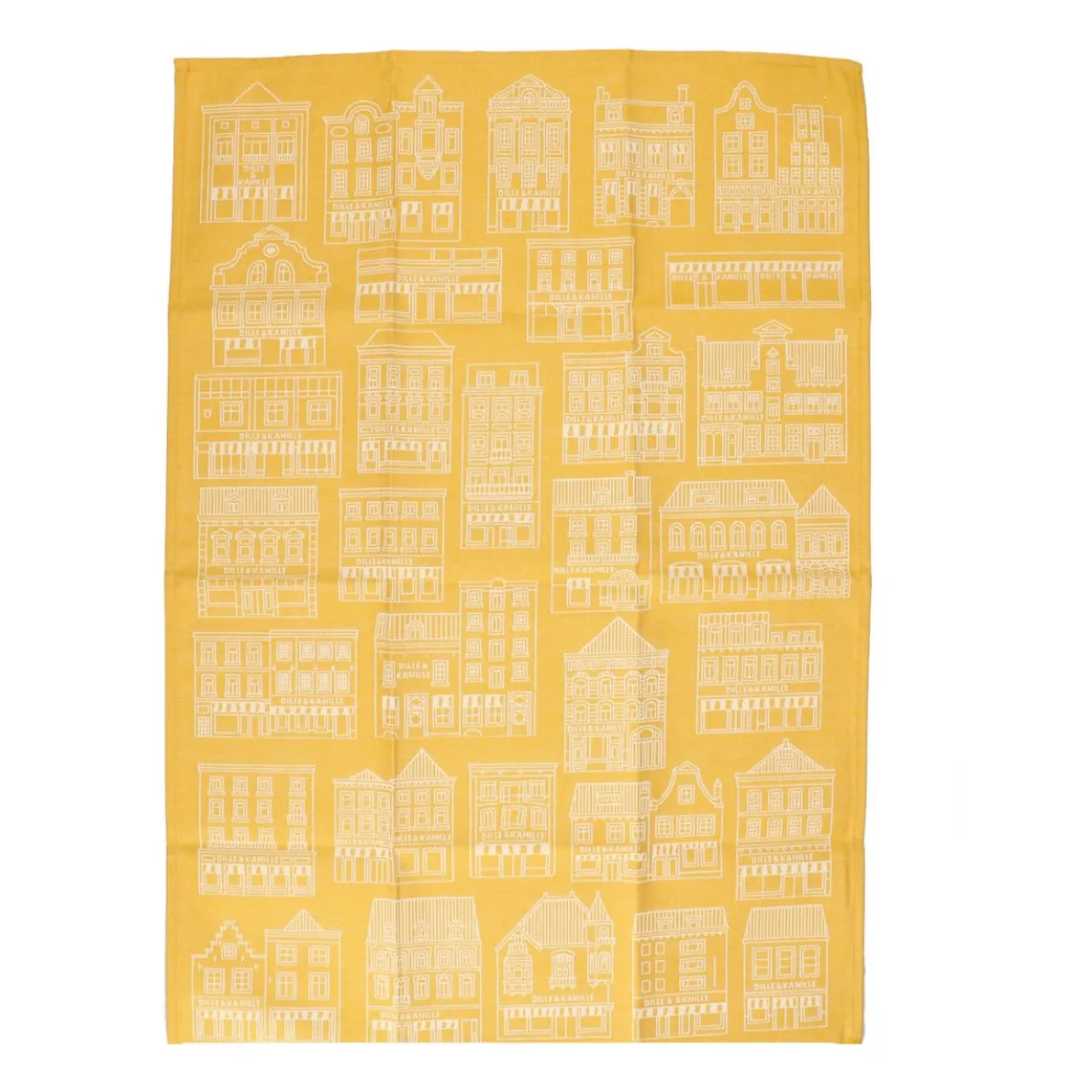 Theedoek, katoen, geel/wit met gevelmotief