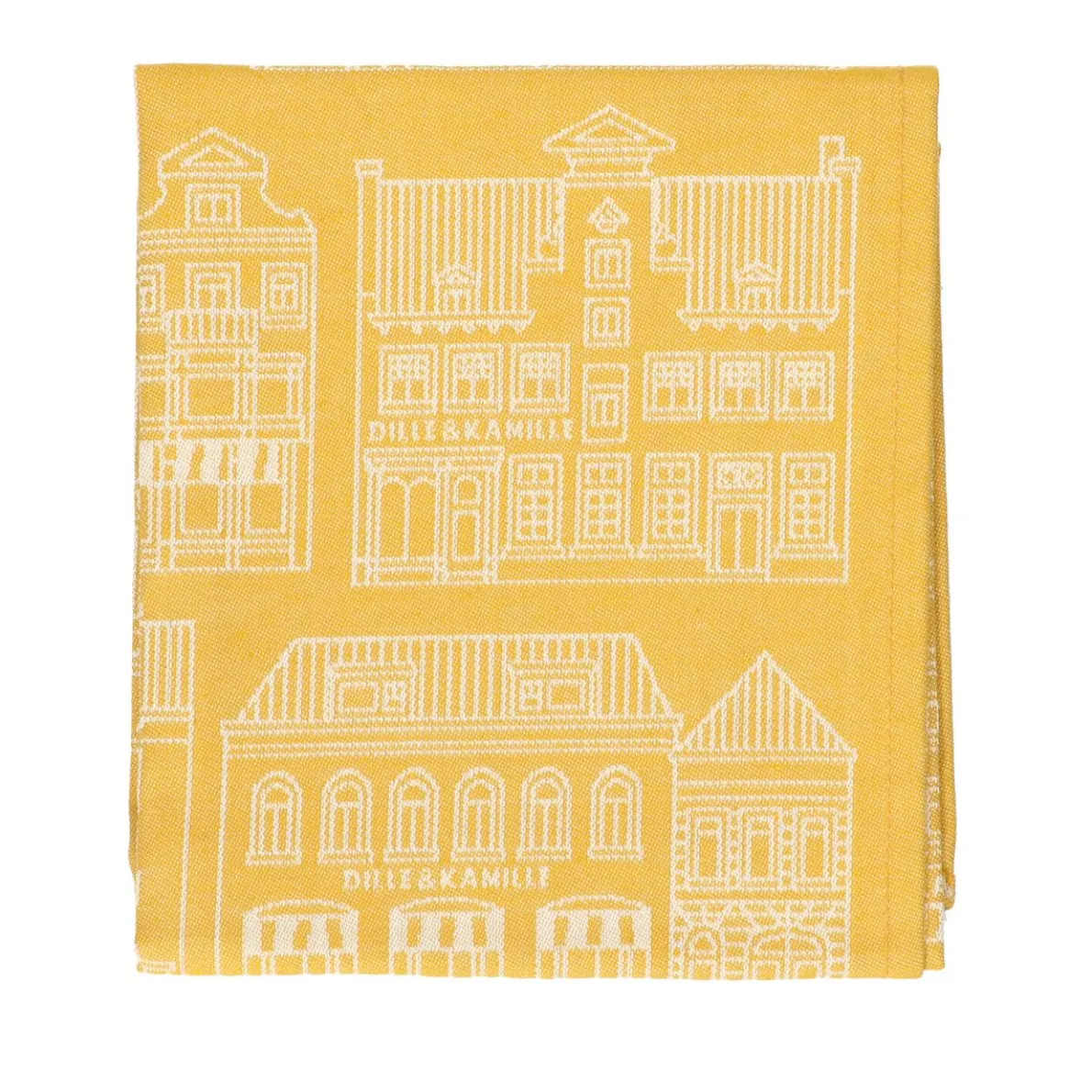Theedoek, katoen, geel/wit met gevelmotief