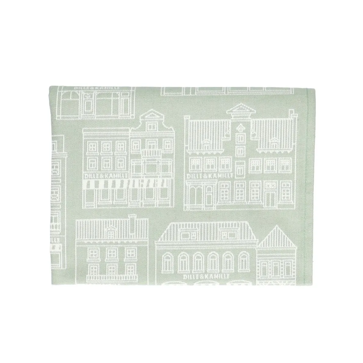 Theedoek, katoen, groen/wit met gevelmotief