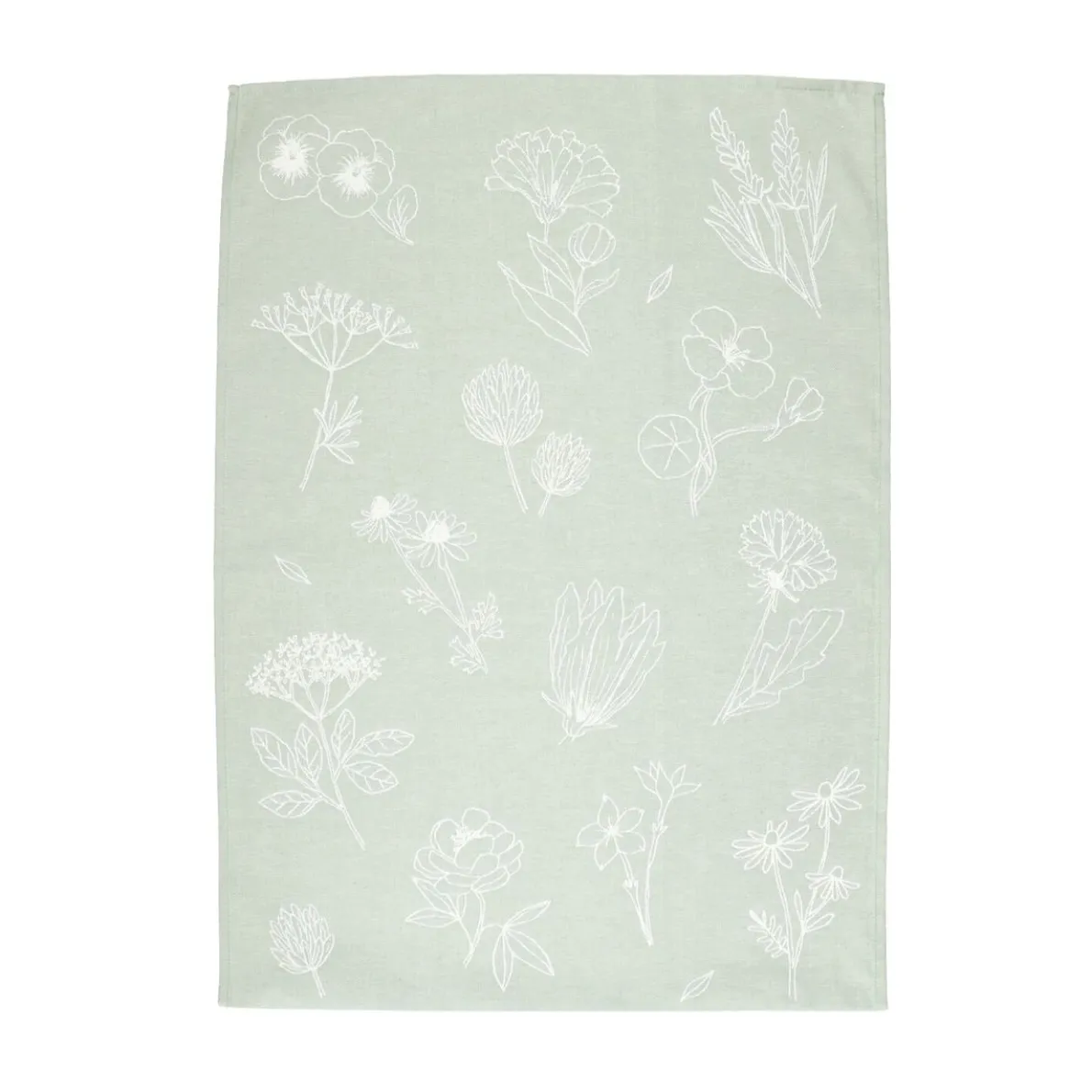 Theedoek, katoen, groen/wit met bloemenmotief