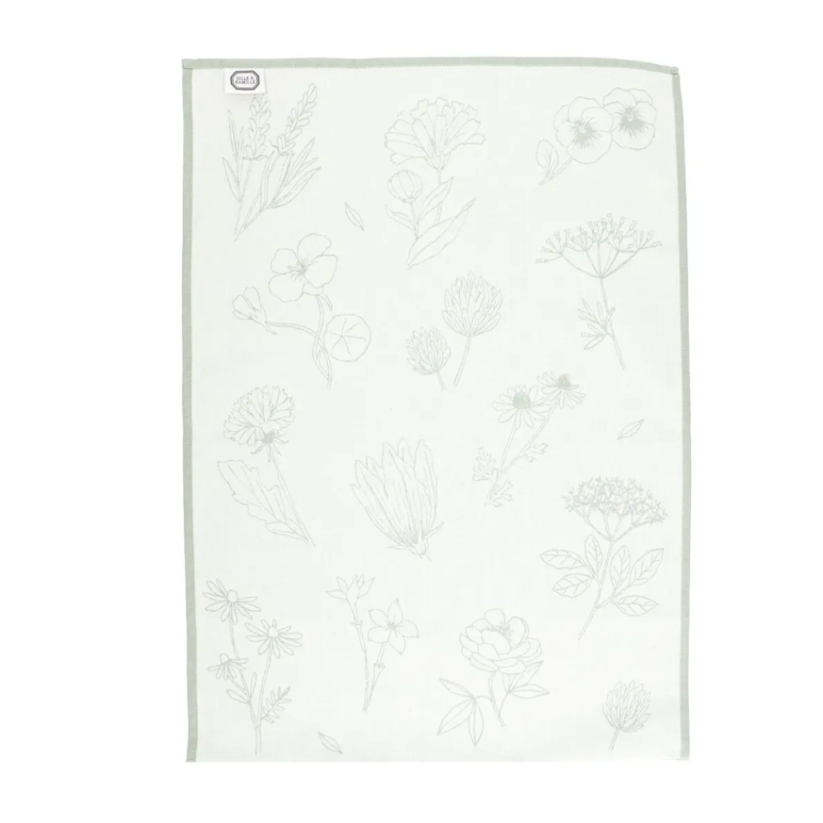 Theedoek, katoen, groen/wit met bloemenmotief