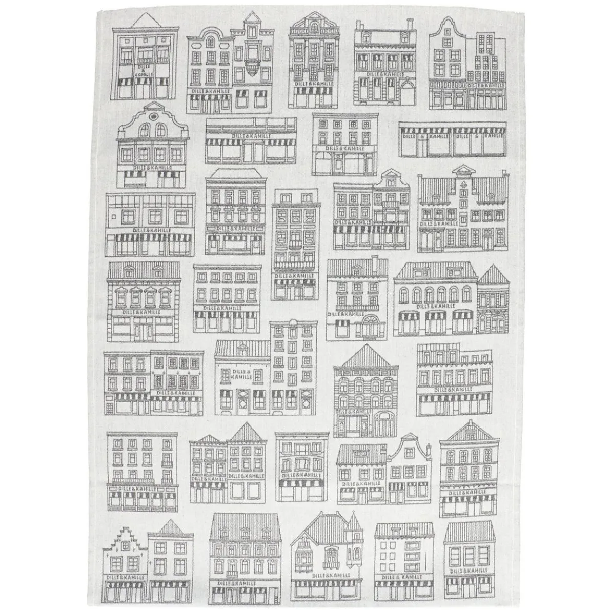 Theedoek, katoen, wit/zwart met gevelmotief