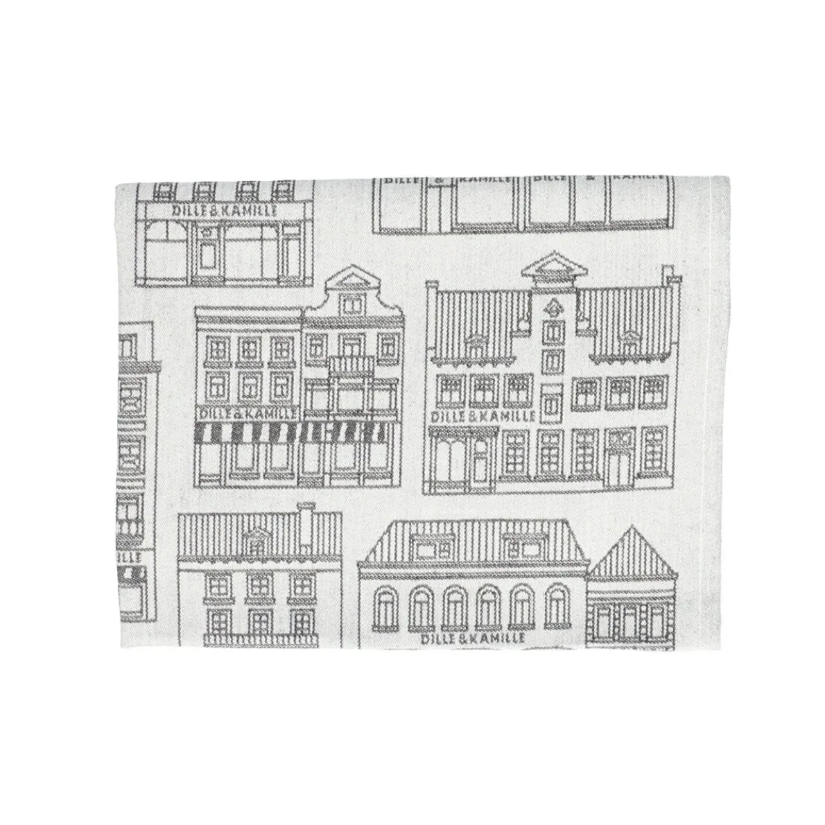 Theedoek, katoen, wit/zwart met gevelmotief