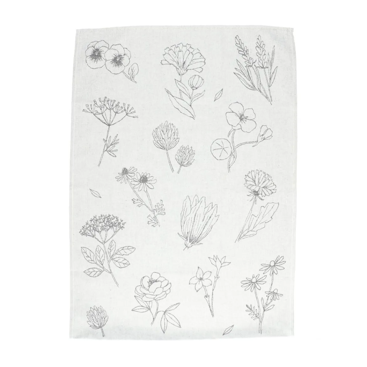 Theedoek, katoen, wit/zwart met bloemenmotief