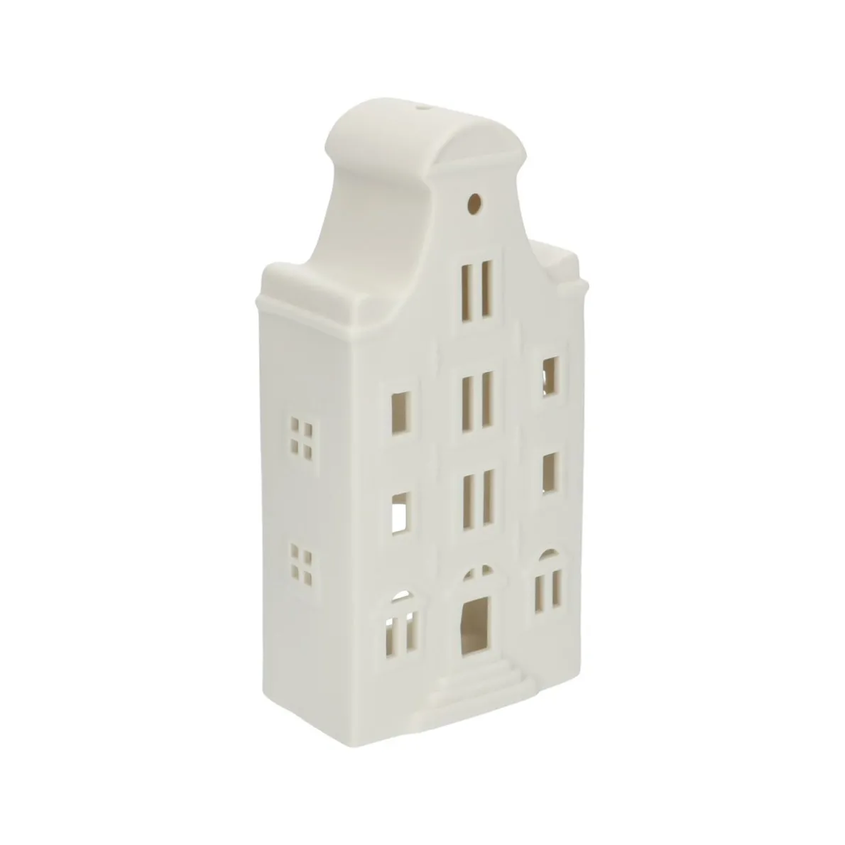 Theelichthouder, porselein, huisje met klokgevel, 20 cm