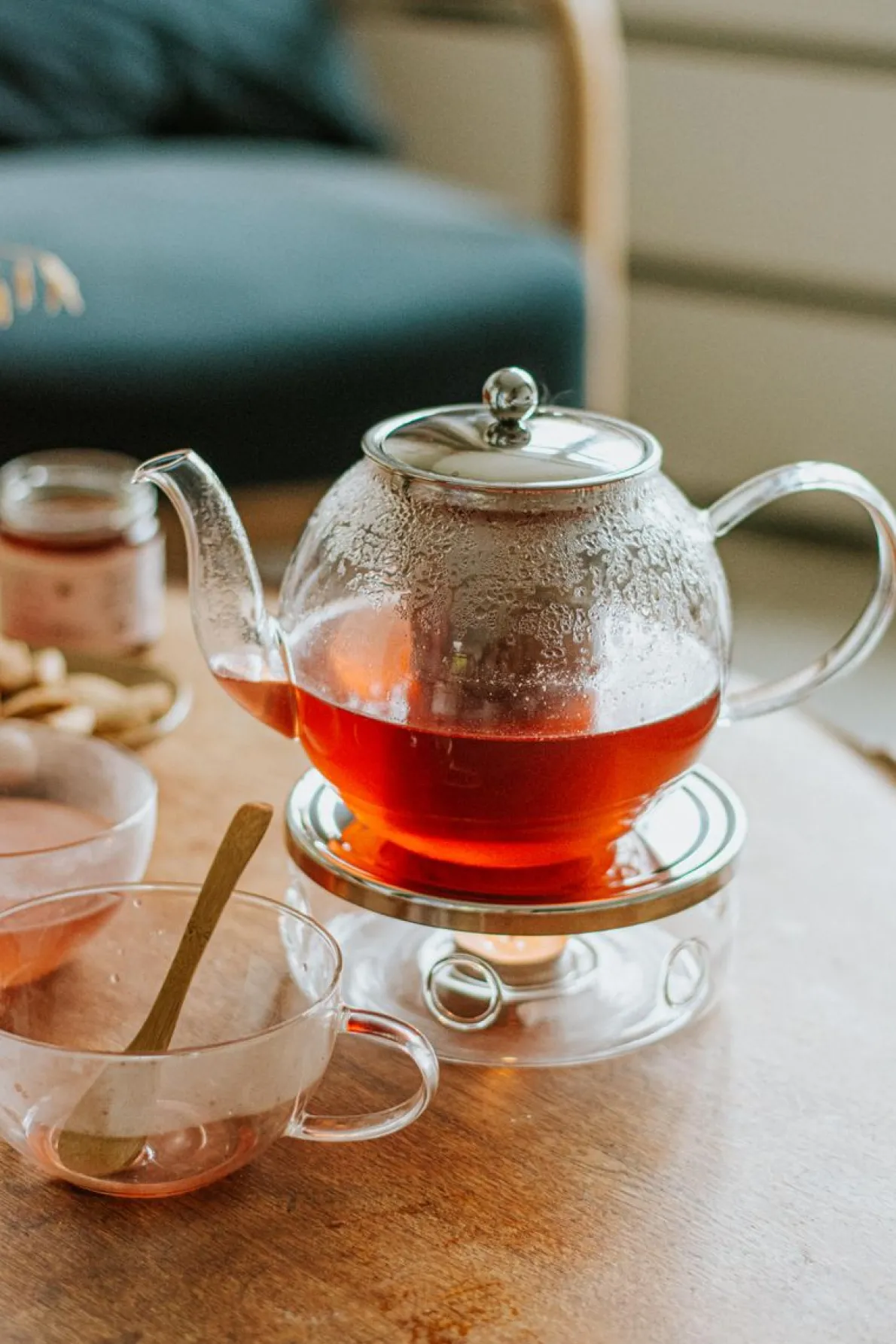 Theelichthouder voor theepot, hittebestendig glas en rvs