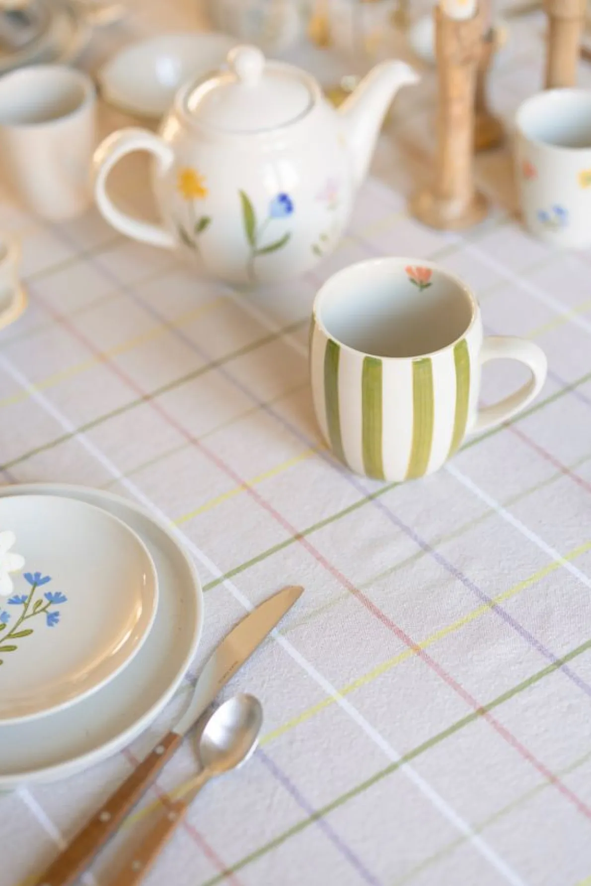 Theemok, steengoed, groen gestreept, Ø 9,5 cm